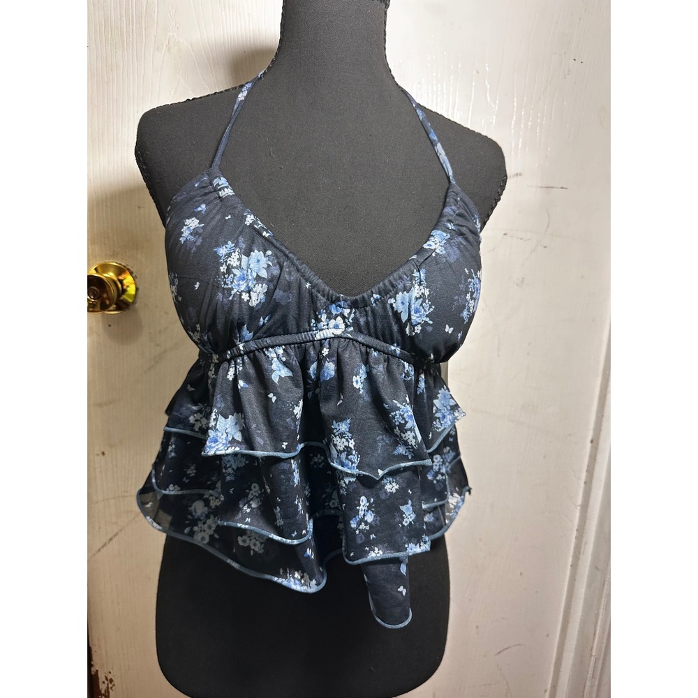 Blue Floral Ruffle Halter Top V-Neck Tiered Smocked Back Summer Tank